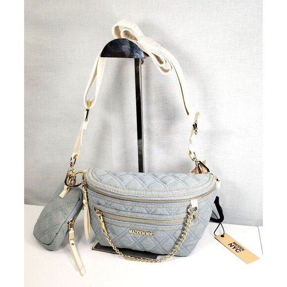 Madden NYC Women's Gold Chain Pocket Fanny Pack Crossbody with Pouch Denim New - Picture 2 of 16